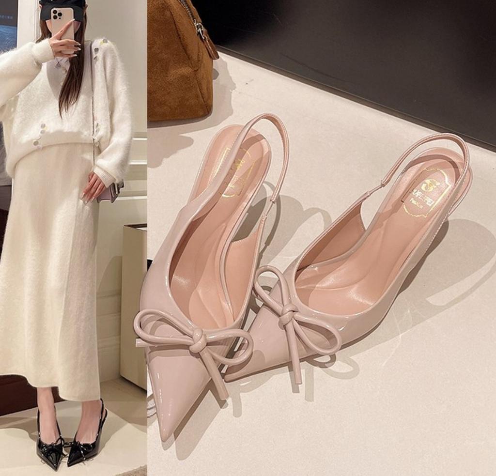 Sandales à Talons Hauts Slingbacks à Nœud Pour Femme Sexy Bout Pointu Cuir Verni Chaussures à Talons Hauts 2026 Été Chaussure à Talons Élégante Pour Femme