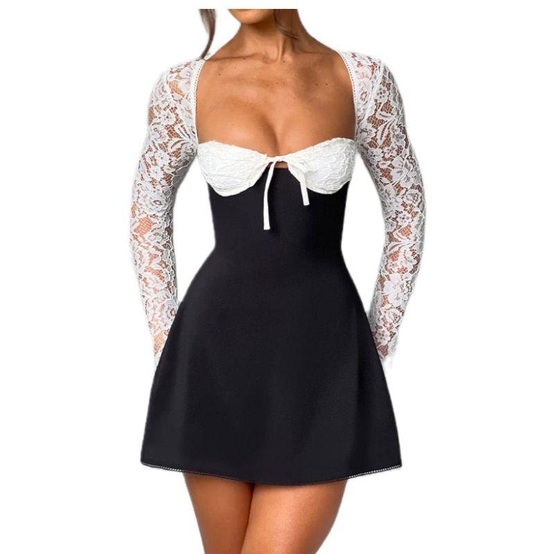 

2025 Весна/Лето Новинка Мода Сексуальное Кружево Вставки Длинные Рукава Открытая Спина Платье на Шнуровке Black and White L