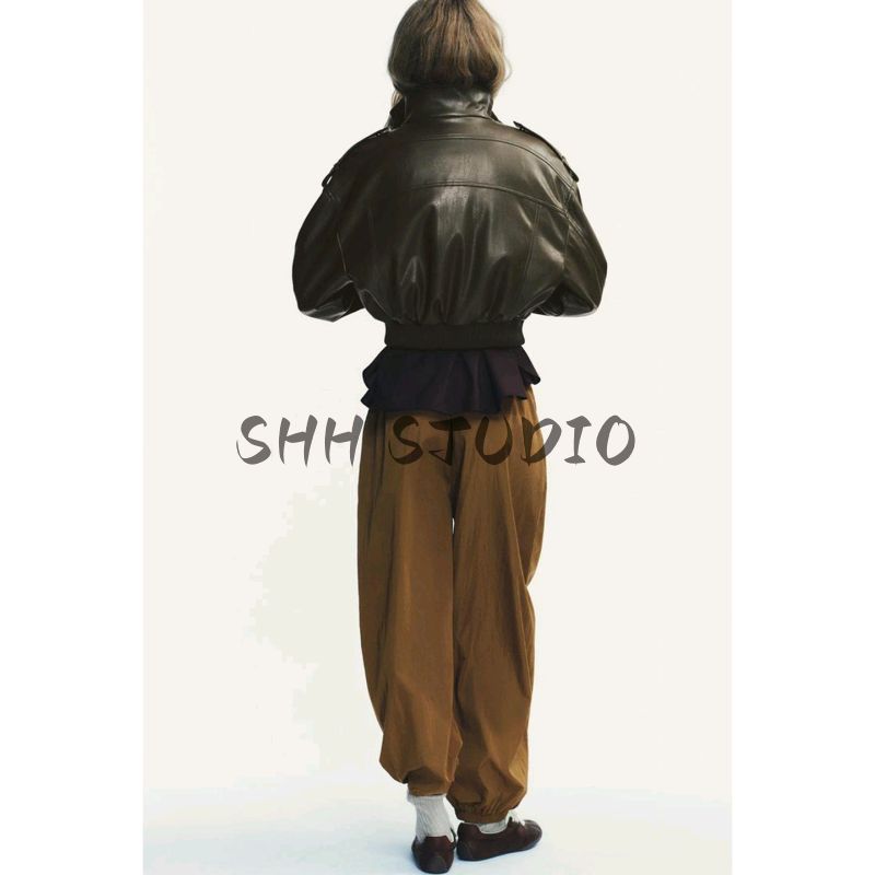 Fall New Women's Clothing French Style Locomotive Style Glossy Poly Urethane Leather Stand Collar Long Sleeves Short Outwear 4749701