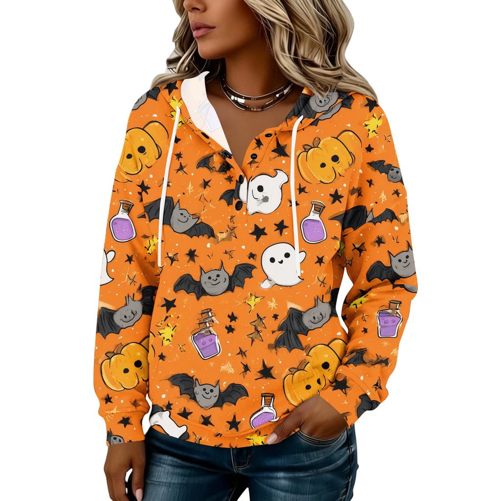 Women's Fashion Hooded Button Front Halloween Print Sweatshirt