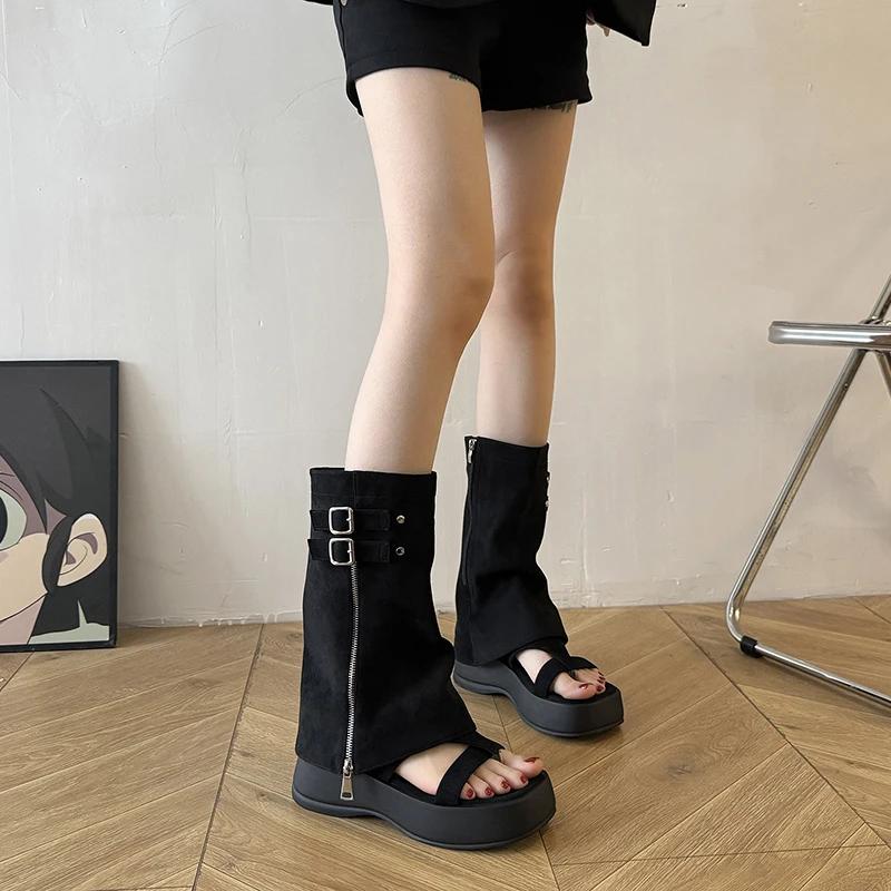 Fashion Women's Sandal Boots Square Toe Platform Sole Flannel Toe Clip Shoes Women Dress Zipper Wear Two Shoes Roman Zapatillas De Mujer