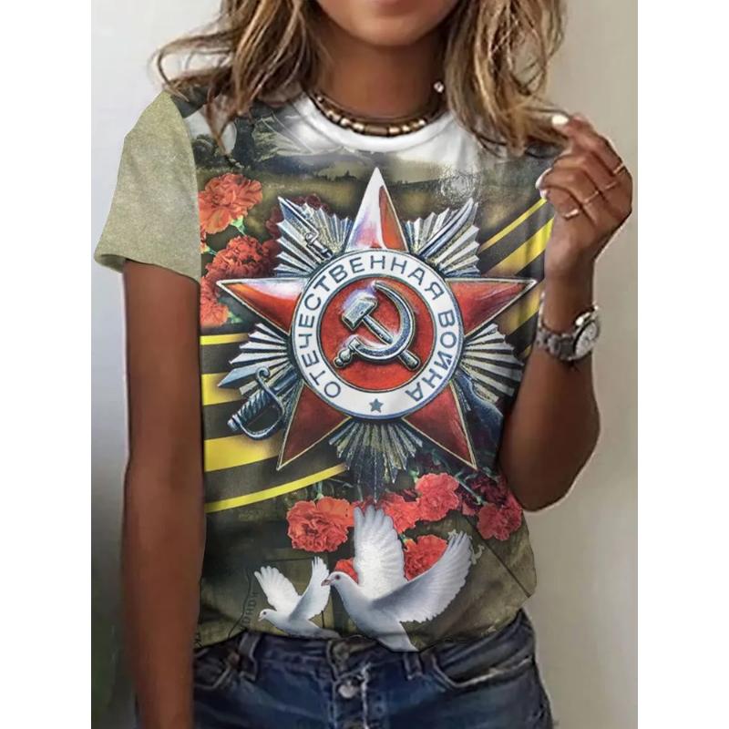 T-shirt da Donna alla Moda Girocollo Manica Corta Stampa a Colori 3D