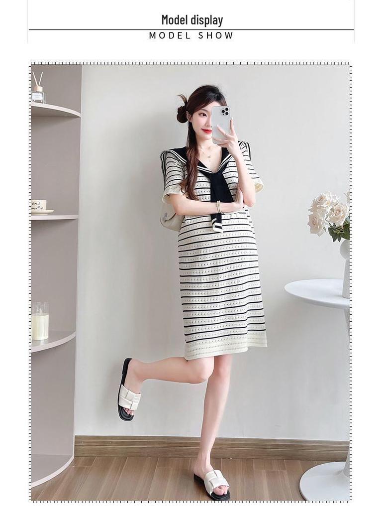 Navy Striped Korean Style Maternity Summer Dress, Casual Loose Fit, Slimming Ice Silk Knit with Hollowed-Out Details