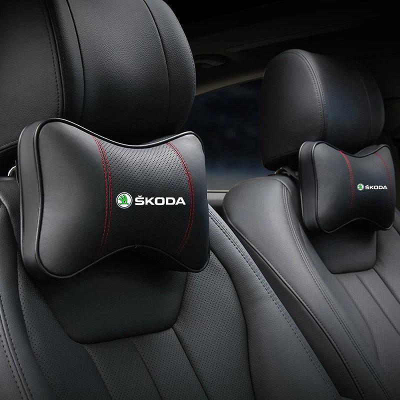 AAAAM1 Leather Car Headrest Neck Pillow Seat Belt Shoulder Pad For Skoda Octavia Superb Rapid Kodiaq Karoq Fabia Kamiq Roomster Citigo