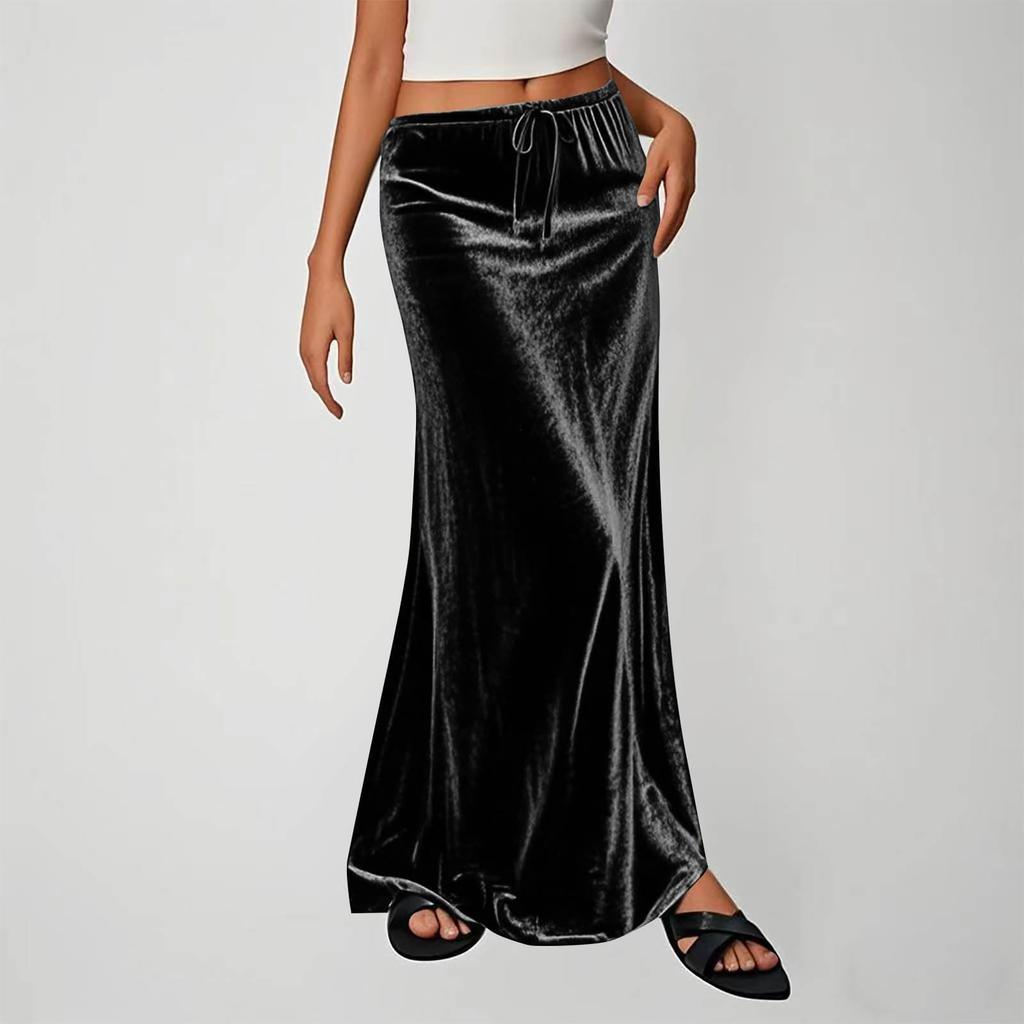 Womens Gold Velvet Maxi Skirts Fashion Solid Color Elastic Waist Loose Comfy A-Line Swing Midi Skirt Skort