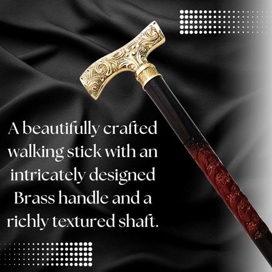 91.44 Cm Walking Stick Gold Brass T Handle, Engraved Design