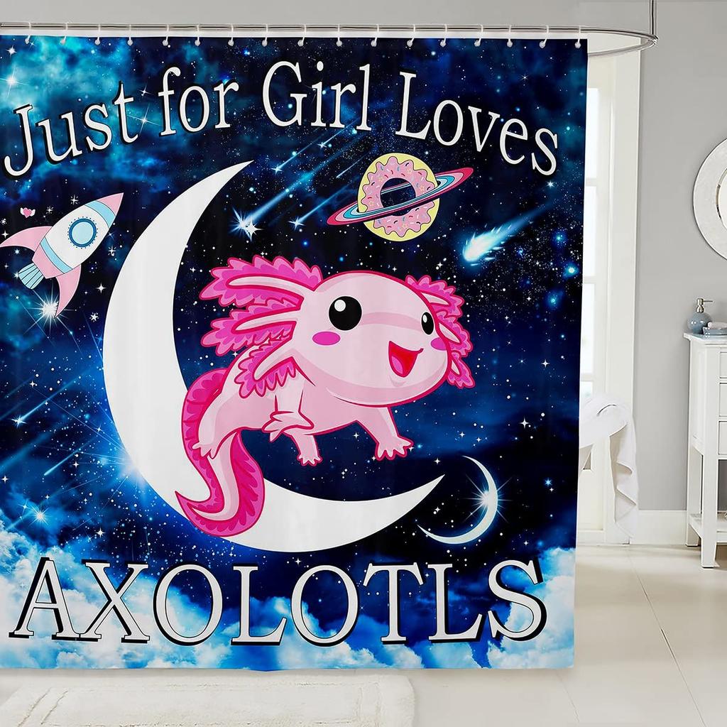 Süßer Axolotl-Duschvorhang, Kawaii-Cartoon-Salamander-Badezimmervorhang mit Haken, Wasserdichte Duschvorhänge für Badewannen-Dekor