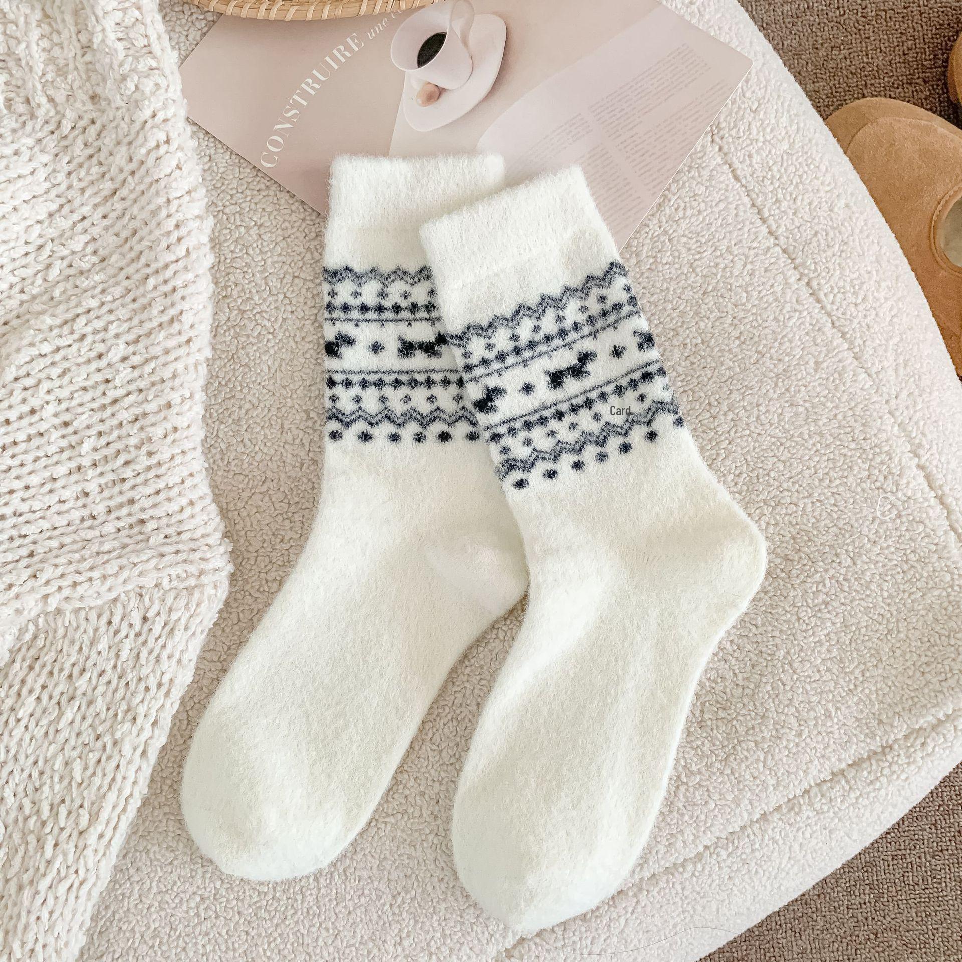 

Fair Isle Puppy Bow Mid-Calf Wool Socks - Cozy Autumn/Winter Japanese Style Women s Warmth One Size білий