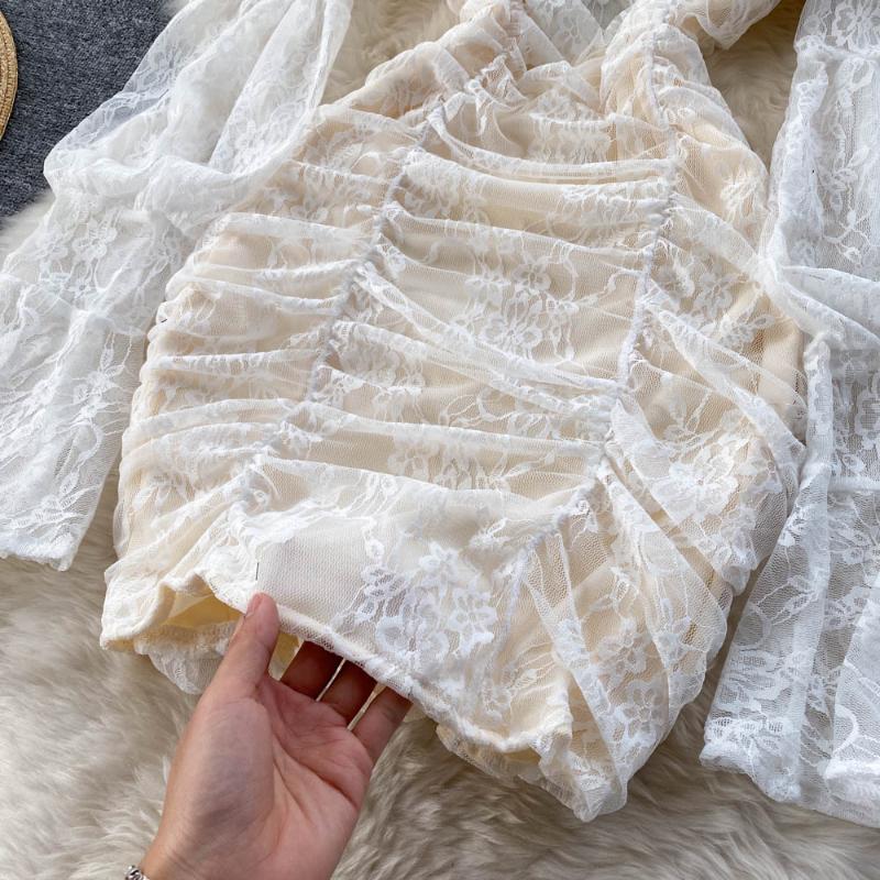 Frence seksowna koronkowa przezroczysta sukienka jednoczęściowa damska elegancka latarnia rękaw elegancka Mini sukienka Lady słodka impreza urodzinowa projektowanie mody odzież 2024