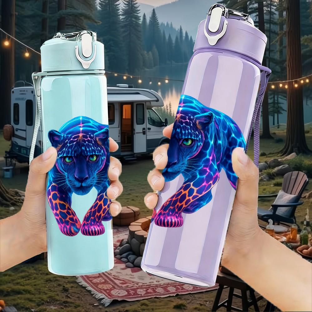 1PC Dark Blue Panther Portrait 750ml Color Plastic Sports Water Bottle Leakproof Flip Straw Lid Suitable for Sports Office Home Use