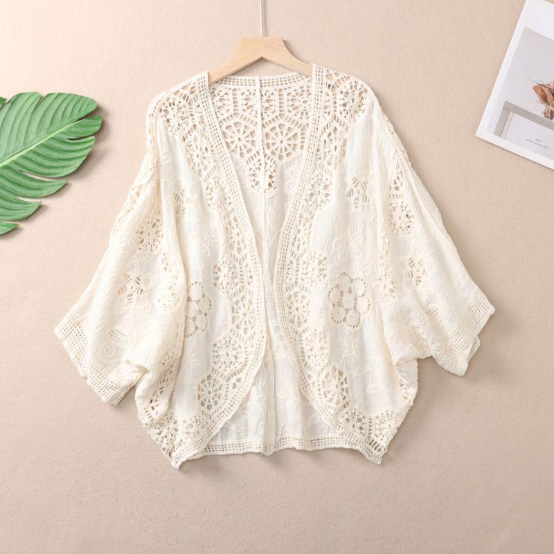 

Pure Cotton Embroidered Stitched Pattern Hollow Gentle Romantic Bat Cardigan Women 3/4 Sleeve Air Conditioning Shawl Lace Shirt W3367 Beige One size(Suggested 45.00 kg-70.00 kg)