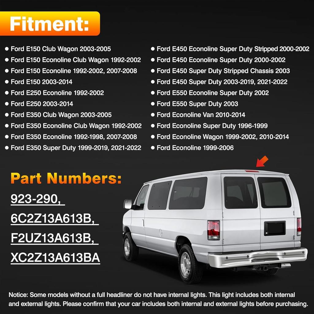 Center High Mount Stop Light Third Brake Light With Indoor LED Lamp Compatible With 1992- Ford E150 E250 E350 E450 E550 Econoline Super Duty Replaces