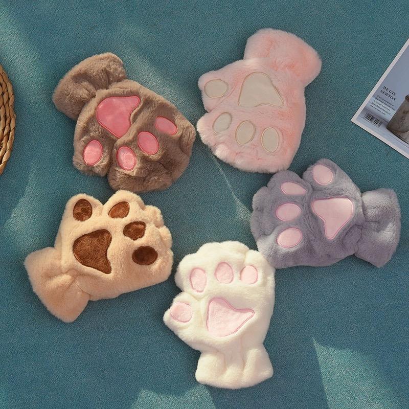 Cartoon Winter Gloves Women's Bear Plush Cat Paw Claw Gloves Cute Short Fingerless Fluffy Bear Claw Mittens For Girls Gift Party