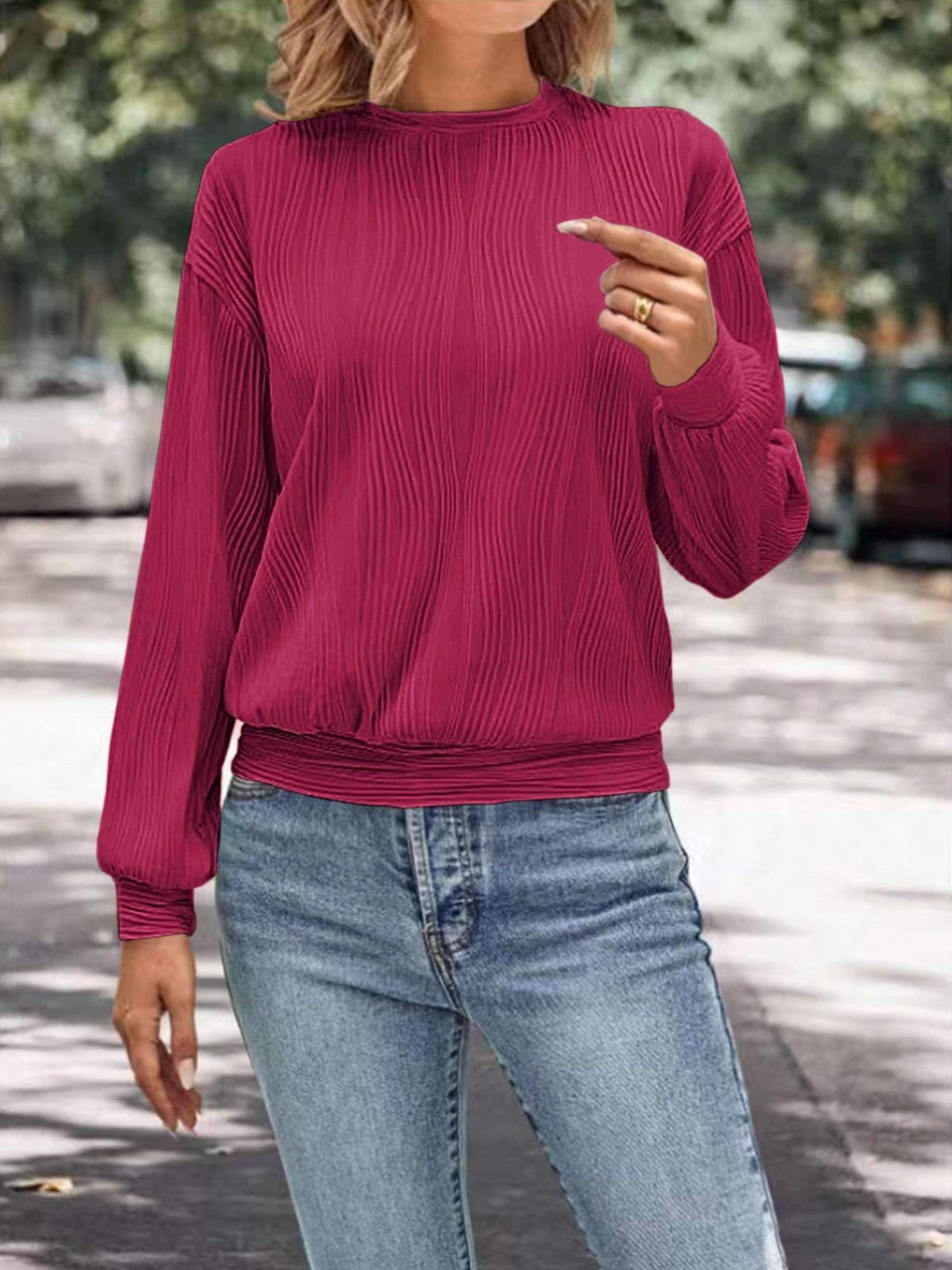 

Женская модная футболка с заниженной линией плеч, с длинным рукавом, с текстурой, с круглым вырезом, повседневный топ XL винный