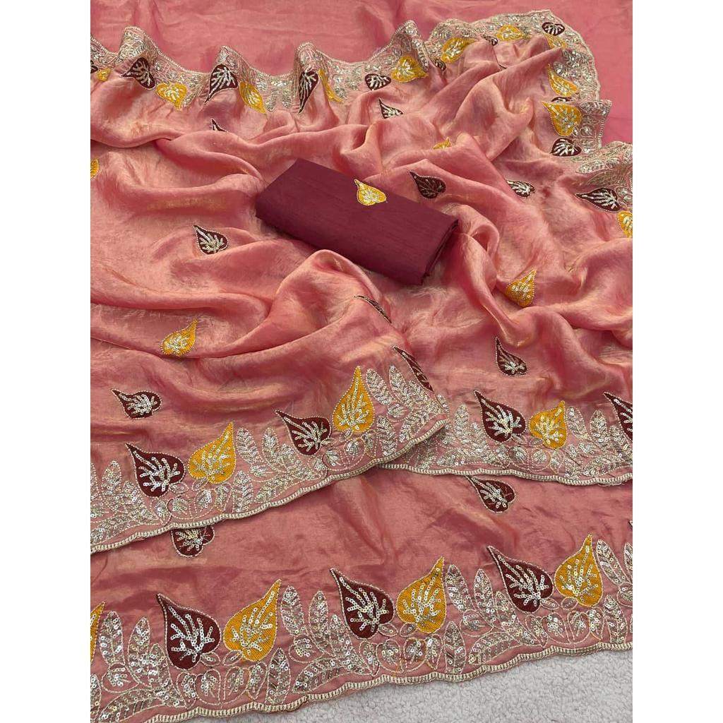 Saris purs et doux en satin Fandy avec d'incroyables sequins de 3 mm et du travail au fil multicolore