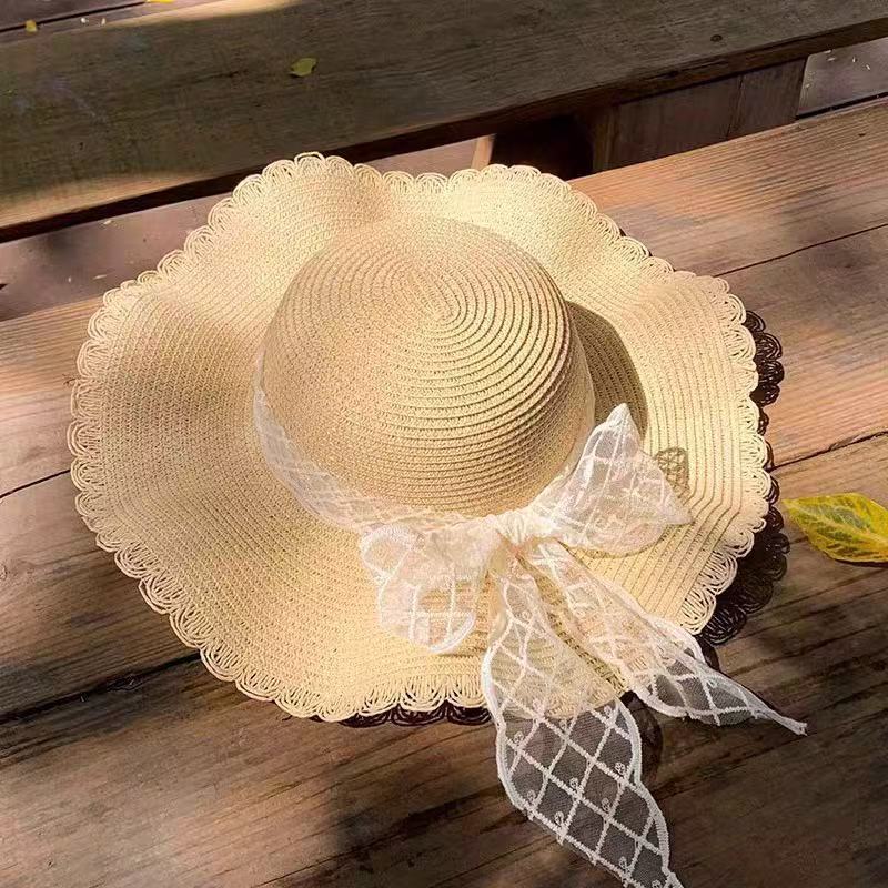 New bow lace straw hat women's summer seaside beach vacation sun hat large brim sun protection hat