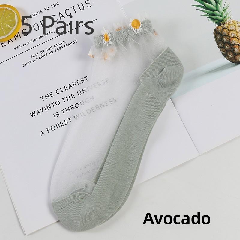 5 Pairs Spring/Summer Glass Wire Boat Socks Sewn with Daisy Lace Transparent Silk Women's Boat Socks