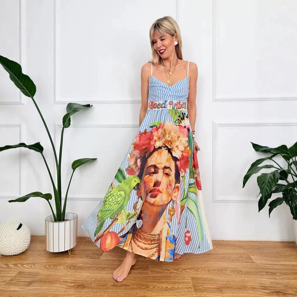 2026 European and American new dresses, positioning printing V-neck temperament A pendulum suspender dress women