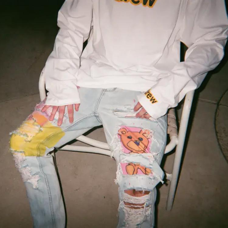 Drew House Smiley Collection Jeans Unisex Bleached Indigo Moderate Ripped Pants DR-SS20-013