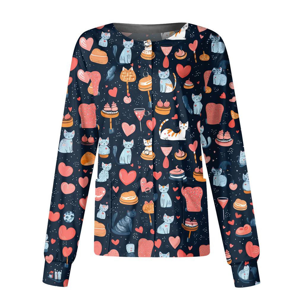 Jachetă Top Casual de Modă pentru Femei, cu Mâneci Lungi, Guler Înalt, cu Nasturi pe o Parte, Imprimeu Floral, pentru Îngrijitor