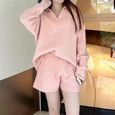 Elegant Fashion Autumn Winter Pullover Women Sweater Knitted Shorts 2 Two Piece Sets Loose Office Outfits Lapel Casual Long Sleeve Tops