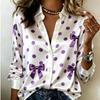 Women Satin Long Sleeve Shirt Polka Dot Bow Print Blouse Lapel Single Breasted Loose Office Tops
