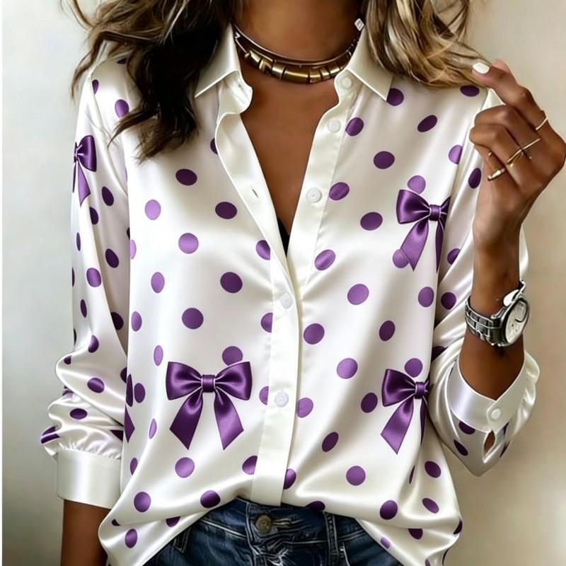 Women Satin Long Sleeve Shirt Polka Dot Bow Print Blouse Lapel Single Breasted Loose Office Tops