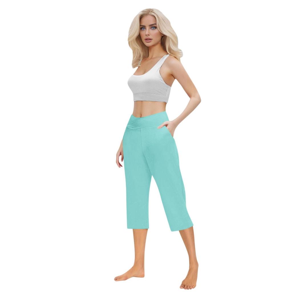 Women  Elastic High Waist 3/4 Pant Casual Active  Fit Wide Capris Leg Pants Trousers With Pockets