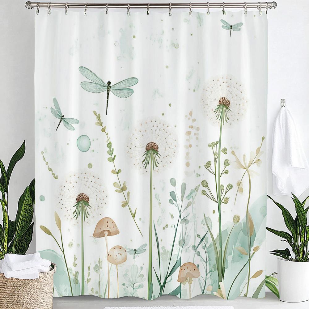 Blue Watercolor Plants Flower and Bird Print Waterproof Shower Curtain Partition Privacy Hanging Curtain with 12 Hooks Washable