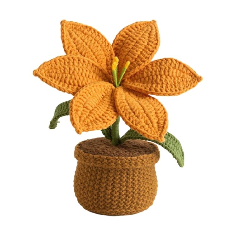 Crocheted Lilies Potted Plant Home Decors Artificial Knitted Flower Pot Ornament for Mother Day Teacher Appreciation Gift