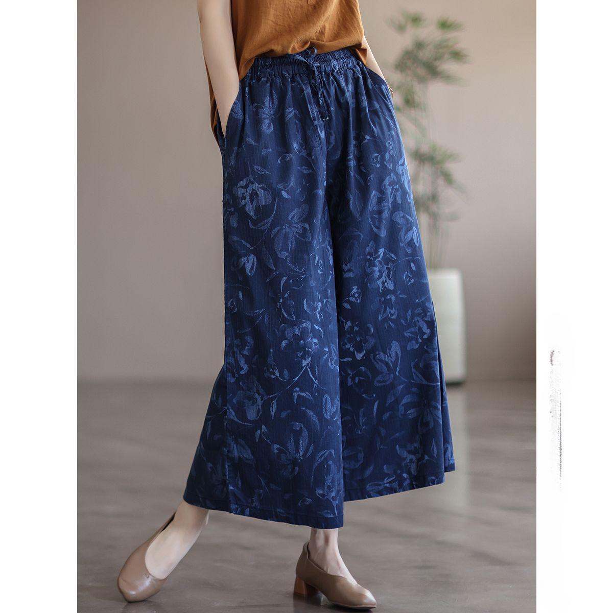 

Винтажные литературные хлопковые льняные женские брюки, новые летние повседневные свободные широкие брюки с принтом, универсальные прямые шаровары 5XL темно-синий