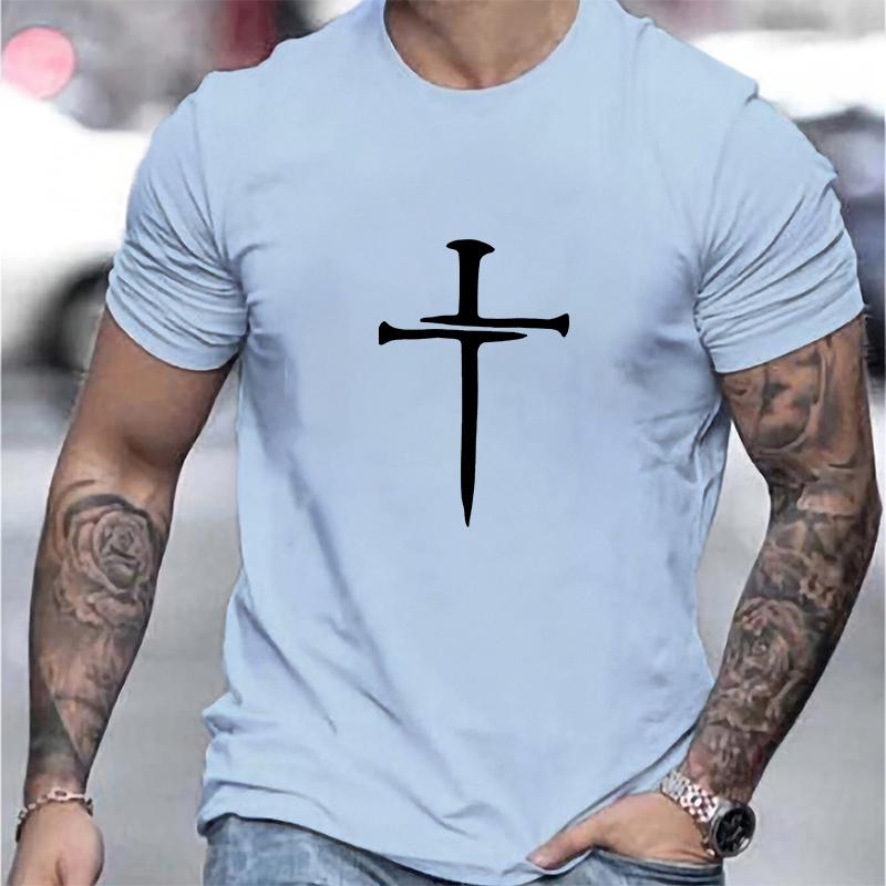 Cotton short sleeved men's T-shirt with cross pattern printed on it, men's summer outdoor clothing, daily style, fashionable and