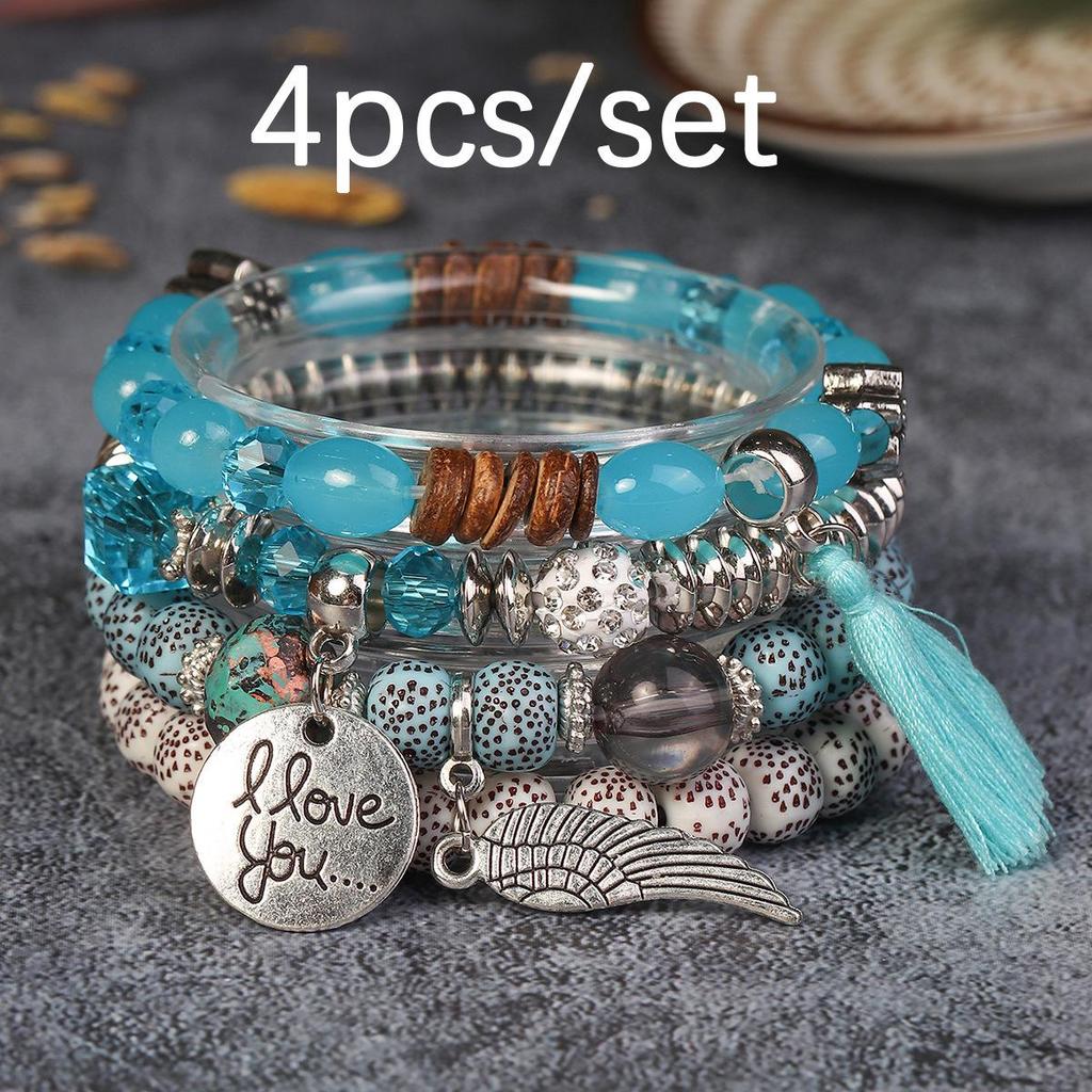 Bohemian Beaded Bracelet Set with Wing Pendant and Tassels