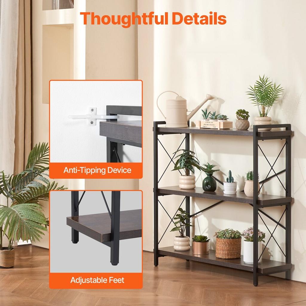 Metal Bookshelf Rustic Bookshelf 3-Tier for Living Room Bedroom & Office