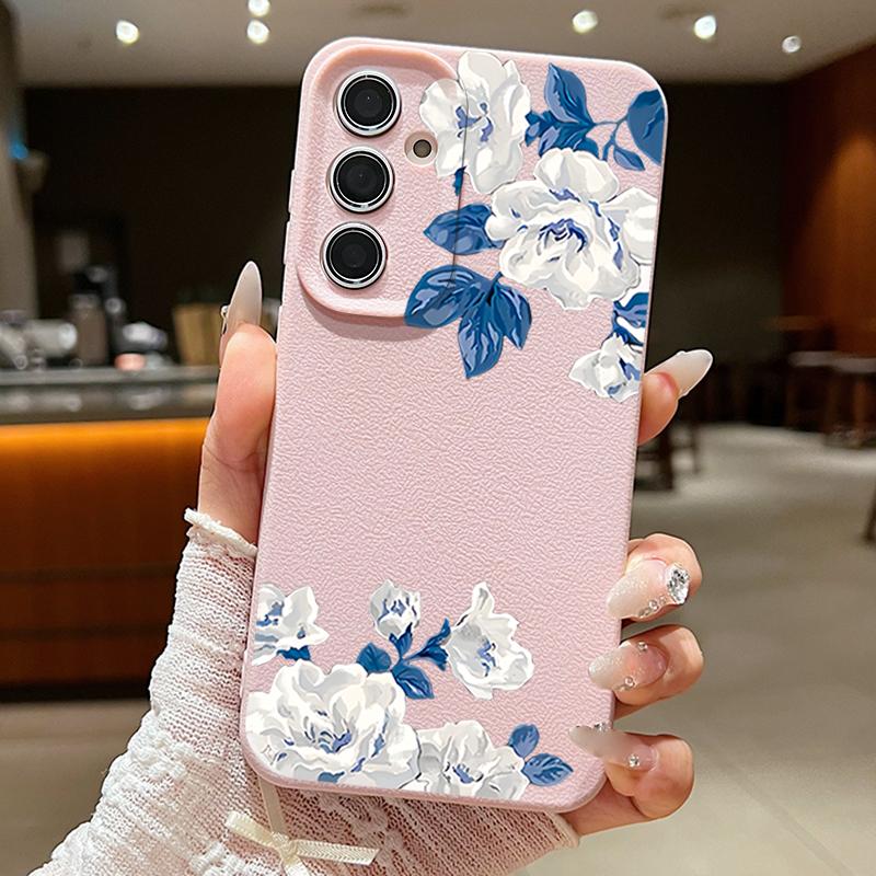 Funda Floral de Gardenia Blanca Para Samsung S26 S25 S24 Ultra S23 S22 S21 FE A15 A16 A17 A26 A35 A36 A37 A54 A55 A56 A57 5G Cubierta de Silicona con Textura de Cuero