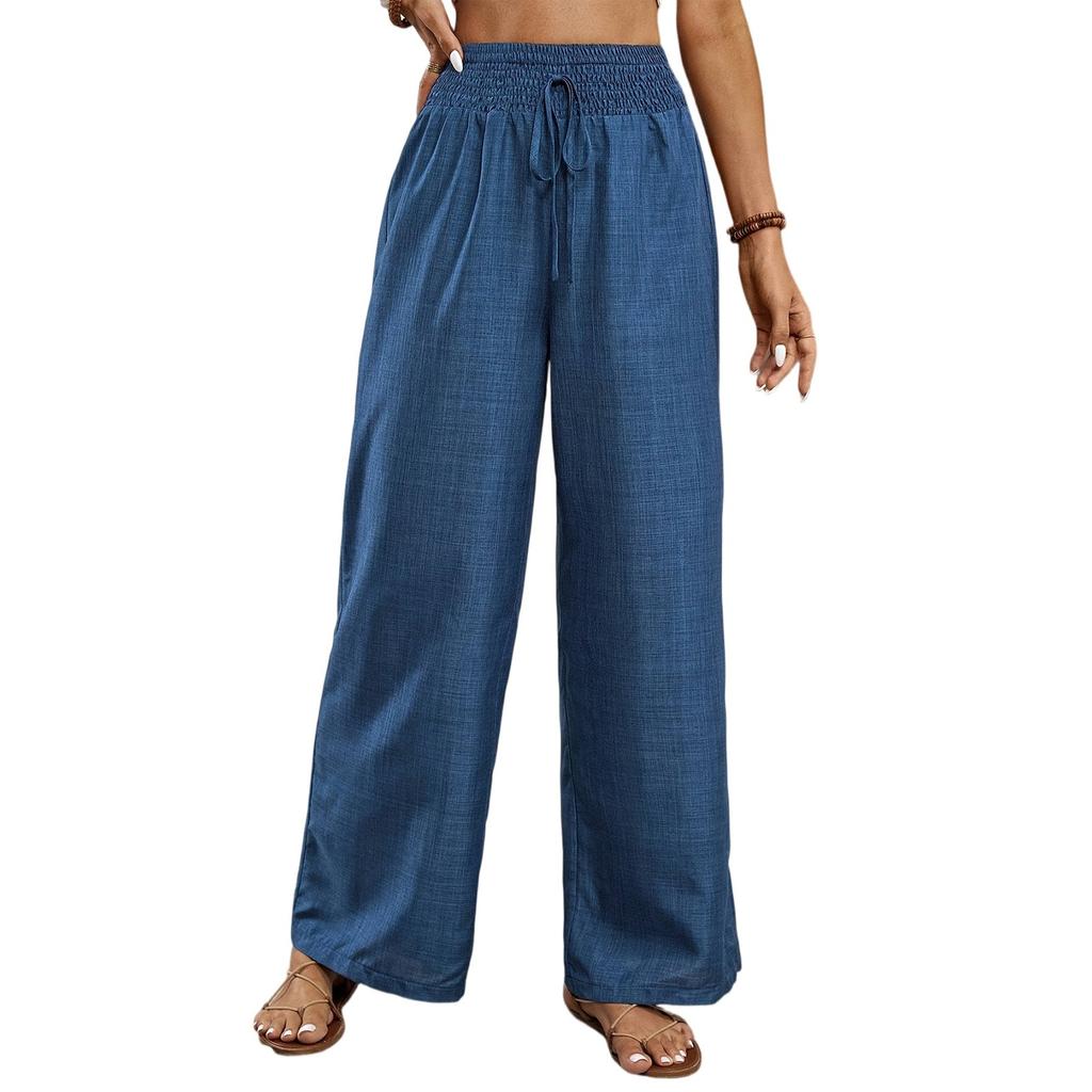 Damen Einfarbig Plissee Taille Kordelzug Locker Weites Bein Gerades Bein Hose
