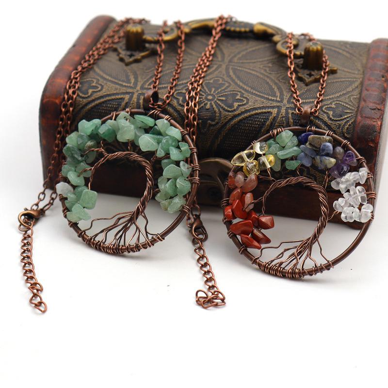 Vintage Handmade Bending Tree Of Life Colorful Gravel Crystal Pendant N79