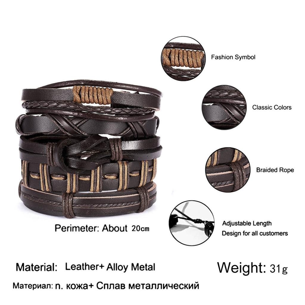 Vintage Multi-layer Feather Star Leather Bracelets For Men Hand-knitted Leaves Rope Wrap Wristband Bracelet Ethnic Party Jewelry