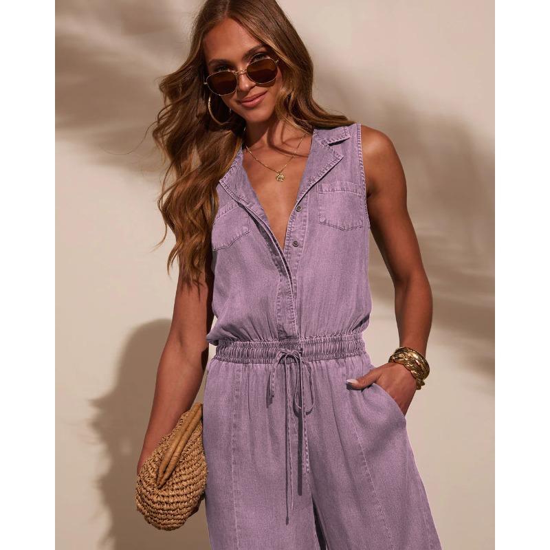 QICED Women's Fashion Casual Solid Color Print Sleeveless Jumpsuit