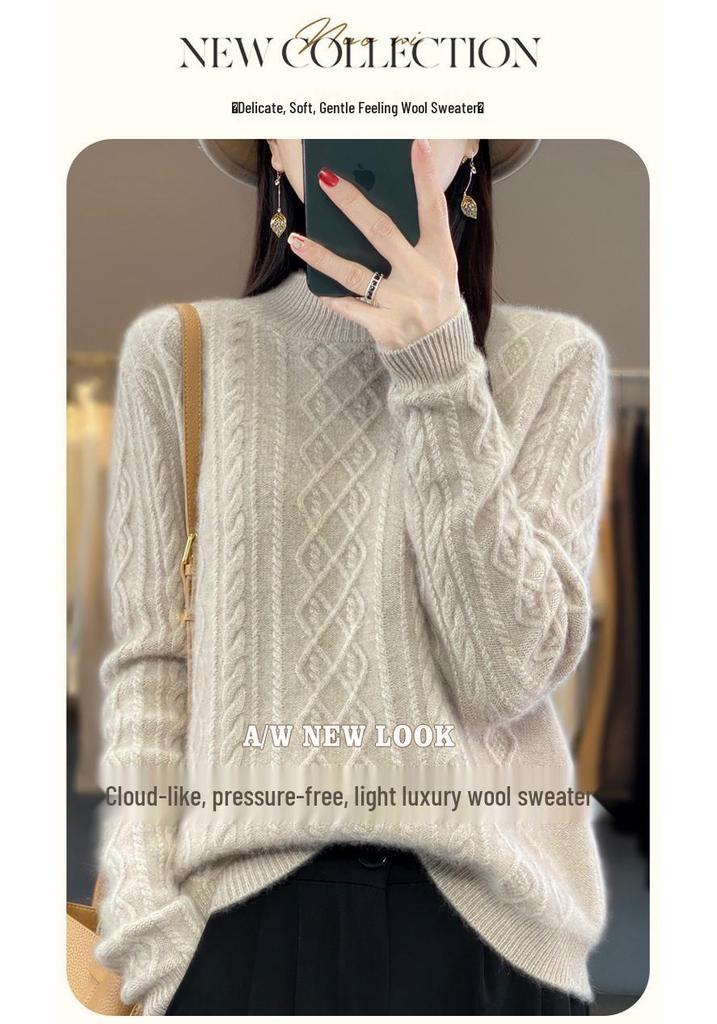 Women's Pure Wool Knitted Pullover Sweater for Autumn-Winter, Round Neck, New 23100