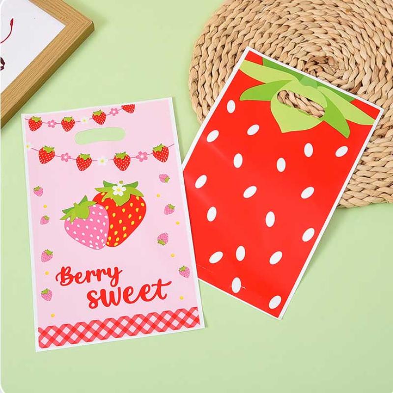 50Pcs Red Pink Strawberry Goody Candy Treat Gifts Bags Summer Berry Theme Kid Birthday Party Favor Supplies Decorations