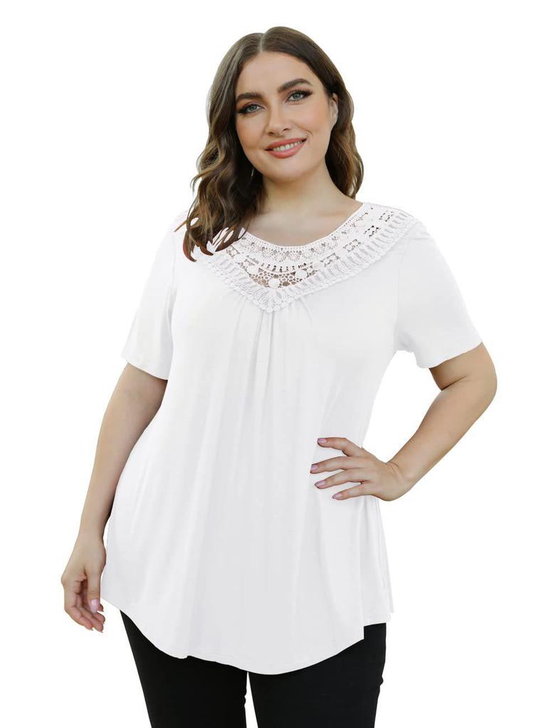 Top Estivo da Donna Taglie Forti con Ruffle in Pizzo a Manica Corta e Cintura (M-4XL)