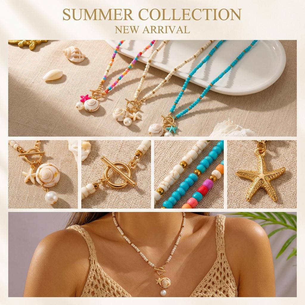 Bohemian Colorful Beaded Starfish OT Buckle Pendant Necklace for Women Imitation Pearl Conch Necklace Summer Party Jewelry