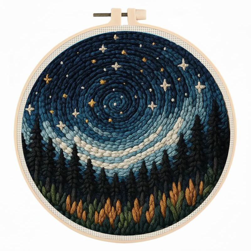 CHENISTORY Landschaft DIY Punch Needle Stickerei Starter-Sets Für Anfänger Sternennacht DIY Stickerei Set Garnmalerei Kunst