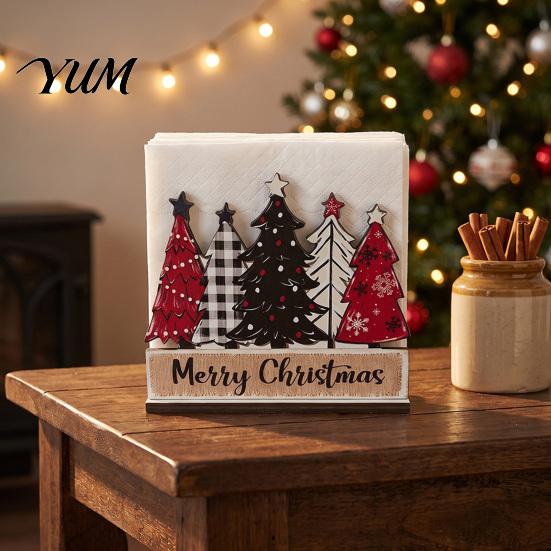 Organizador de Encimera de Granja Rústica Tema Navideño Soporte de Servilletas de Madera, Soporte Decorativo Festivo para Papel de Cocina, Decoración de Mesa para el Hogar Impresión HD UV para
