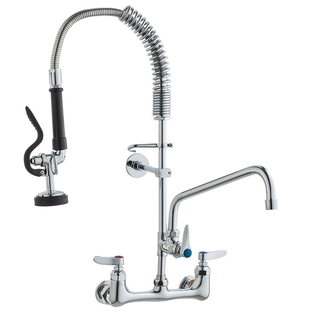 Commercial Faucet with Pre-Rinse Sprayer, 25" Height, 8" Center, 12" Swing Spout, Wall Mount Kitchen Sink Faucet, Brass Constructed Device with Pull