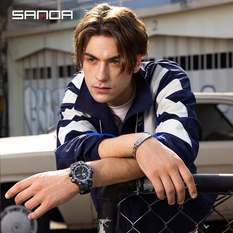 Sanda Men's Multifunctional Camouflage Outdoor Sports Watch – Waterproof with Dual Display and Alarm Clock.