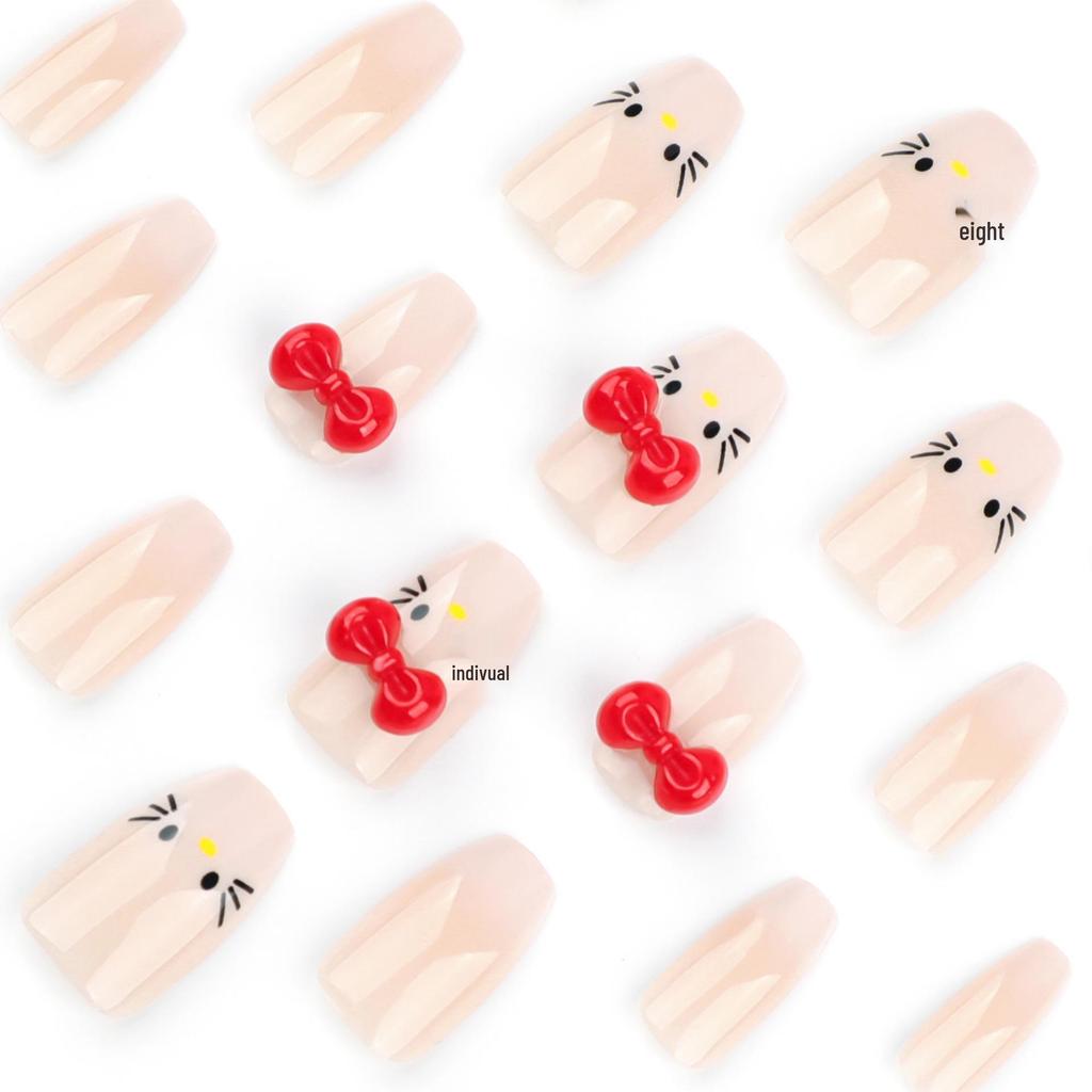 Nude White Gradient Ballet Fake Nails with 3D Cat Bow Design