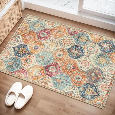 Marokański Trellis Zmywalny Dywan 2x1,4m Dywaniki Łazienkowe Antypoślizgowa Wewnętrzna Mata Pod Drzwi Duży Orientalny Dywanik do Sypialni Wejście Mata Modlitewna Kremowy/Multi