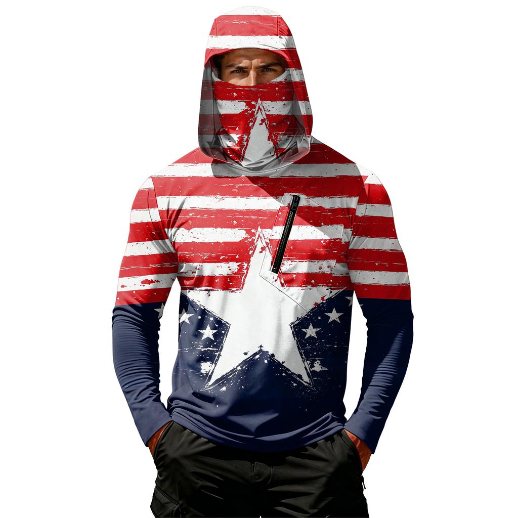 Men's Casual Hooded Long Sleeve Sun Protection Top with Independence Day Print Star Pattern Pullover Lightweight Shirt